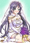  blush boots bouquet bridal_veil dress elbow_gloves flower gloves green_eyes kneeling long_hair love_live! love_live!_school_idol_festival love_live!_school_idol_project otabe_sakura purple_hair solo tiara toujou_nozomi twintails veil wedding_dress 