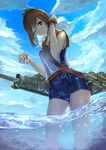  bare_shoulders brown_eyes brown_hair covered_navel highres i-401_(kantai_collection) kantai_collection koruse looking_at_viewer one-piece_swimsuit one_eye_closed ponytail sailor_collar school_swimsuit seashell shell shiny shiny_clothes short_hair short_ponytail solo swimsuit wading water wet wet_clothes 