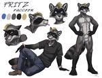  balls blonde_hair blue_eyes bracelet ear_piercing eyes_closed fritz hair jewelry male mammal model_sheet nude piercing raccoon sabretoothed_ermine sheath solo tongue tongue_out 