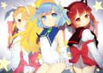  acidear animal_ears blonde_hair blue_eyes blue_hair blush bow bunny_ears fang headphones kuroi_sumi long_hair moetan nijihara_ink pink_eyes red_eyes red_hair shiratori_arisu short_hair 