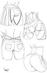  1girl alternate_costume ass assless_chaps back capcom close-up concept_art denim diepod han_juri head_out_of_frame highres jeans monochrome pants pov_ass sketch street_fighter street_fighter_iv 