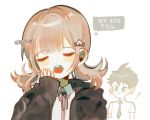  ! 1boy 1girl ahoge bangs black_eyes black_hoodie blush danganronpa eyebrows_visible_through_hair eyes_closed fingernails flipped_hair gomtti53se hair_ornament hairclip hinata_hajime hood hoodie light_brown_hair long_sleeves nanami_chiaki necktie open_mouth out_of_frame pink_ribbon ribbon short_hair simple_background solo_focus speech_bubble super_danganronpa_2 teeth tongue white_background yawning 