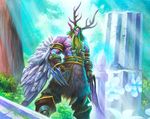  alex_horley_orlandelli armlet beard belt claws fantasy forest fur glowing_eyes green_hair hearthstone horns malfurion_stormrage nature official_art outdoors pillar tagme tree wings world_of_warcraft 