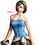  bare_shoulders blue_eyes breasts brown_hair casual clothes_around_waist contrapposto dated gun handgun jill_valentine lips pistol resident_evil resident_evil_3 short_hair skirt smile solo standing sweater sweater_around_waist taikyokuturugi weapon 