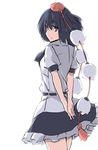  arms_behind_back black_hair hat kamukamu_(ars) looking_at_viewer looking_back shameimaru_aya short_hair simple_background skirt solo tokin_hat touhou white_background 