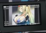  atago_(kantai_collection) bikini_top blonde_hair blush breasts camera closed_eyes front-tie_top full-face_blush gloves kantai_collection large_breasts long_hair open_clothes sky_(freedom) solo sweatdrop swimsuit undressing viewfinder 