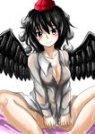  bad_id bad_pixiv_id bed_sheet black_eyes black_hair black_wings blouse blush blush_stickers bottomless breasts butterfly_sitting cleavage collarbone feathered_wings hat highres hitotsuki_nebura large_breasts looking_at_viewer shameimaru_aya short_hair sitting smile solo tokin_hat touhou white_blouse wings 