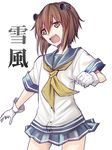  alternate_costume ataru_(cha2batake) brown_eyes brown_hair cosplay gloves hair_ornament hamakaze_(kantai_collection) hamakaze_(kantai_collection)_(cosplay) kantai_collection open_mouth school_uniform serafuku short_hair short_sleeves skirt solo white_background white_gloves yukikaze_(kantai_collection) 