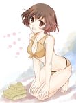  abenattou akiyama_yukari barefoot bikini brown_eyes brown_hair commentary front-tie_top girls_und_panzer hands_on_own_knees kneeling looking_at_viewer open_mouth short_hair smile solo swimsuit yellow_bikini 