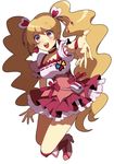  blonde_hair boots bow choker cure_peach earrings fresh_precure! hair_ornament heart heart_hair_ornament jewelry knee_boots long_hair magical_girl momozono_love pink_bow pink_choker pink_eyes pink_footwear precure puffy_sleeves sakuraba_hinano skirt smile solo twintails 