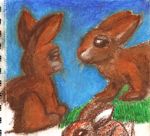  blue_background feral grass lagomorph mammal oil_pastel plain_background rabbit rimmer smile traditional_media whiskers 