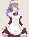  alternate_costume bow enmaided hair_bow long_hair maid maid_headdress ponytail purple_eyes purple_hair rokuwata_tomoe simple_background skirt skirt_lift solo standing touhou watatsuki_no_yorihime 