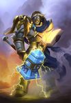  1boy aqua_eyes armor book electricity fantasy glowing_eyes hammer hearthstone male official_art smoke solo tagme uther_lightbringer weapon world_of_warcraft 