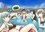  6+girls admiral_(kantai_collection) beach bikini bismarck_(kantai_collection) black_hair blonde_hair blue_eyes breasts brown_hair chikuma_(kantai_collection) day diving diving_mask dolphin flying_sweatdrops food fruit hamu_koutarou hat hiryuu_(kantai_collection) kantai_collection kumano_(kantai_collection) light_brown_hair long_hair medium_breasts multiple_girls o_o short_hair sleeping suzuya_(kantai_collection) swimsuit taihou_(kantai_collection) teruyof tone_(kantai_collection) twintails watermelon zzz 