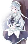  absurdres blush butterfly_hair_ornament chaika_trabant coffin dress frills garigarigari hair_ornament hair_ribbon hairband highres hitsugi_no_chaika lolita_hairband long_hair looking_at_viewer pantyhose puffy_sleeves purple_eyes ribbon silver_hair solo translucent_hair 