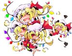  &gt;_&lt; @_@ ascot blonde_hair blush bow closed_eyes commentary crystal falling fighting flandre_scarlet four_of_a_kind_(touhou) hair_bow hat highres laevatein mob_cap multiple_girls multiple_persona puffy_short_sleeves puffy_sleeves red_eyes shinapuu short_hair short_sleeves side_ponytail simple_background skirt touhou wings 