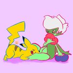  ambiguous_gender male nintendo pcred566 pikachu plain_background pok&#233;mon pok&eacute;mon purple_background roserade sitting video_games 