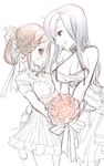  alternate_hairstyle black_sclera blue_hair bouquet braid breasts bride brown_hair carol_(skullgirls) cleavage dress flower french_braid hair_down hair_flower hair_ornament hair_over_one_eye hair_rings height_difference holding_hands large_breasts long_hair multiple_girls ng_(kimjae737) painwheel_(skullgirls) red_eyes scar skullgirls small_breasts spaghetti_strap spot_color v_arms valentine_(skullgirls) wedding_dress wife_and_wife yuri 