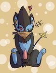  balls cum cum_leaking feathers_(artist) hindpaw luxray male nintendo one_eye_closed paws penis pok&#233;mon pok&eacute;mon scarf sitting solo video_games 