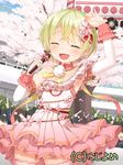  :d ^_^ arm_up blonde_hair blush character_request cherry_blossoms closed_eyes flower hair_flower hair_ornament idol md5_mismatch microphone muku_(muku-coffee) open_mouth school_uniform skirt smile thighhighs valhalla_valkyries 