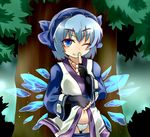  black_gloves blue_eyes blue_hair blue_panties bow breasts cameltoe cirno come_hither cosplay finger_to_mouth fingerless_gloves forest gloves grin hair_bow hairband hato_no_suisou highres ice ice_wings large_bow looking_at_viewer nature navel one_eye_closed panties ribbon-trimmed_sleeves ribbon_trim rimururu rimururu_(cosplay) samurai_spirits short_hair shushing skirt skirt_pull small_breasts smile solo striped striped_panties thigh_gap touhou tree underwear wide_sleeves wings 