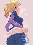  ass ayase_eli blonde_hair blue_eyes from_below k10k looking_back love_live! love_live!_school_idol_project panties pants pants_pull pink_background ponytail pulled_by_self shirt solo steam sweat t-shirt track_pants underwear undressing white_panties 