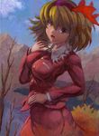  :o aki_shizuha autumn_leaves bare_tree blonde_hair blue_sky breasts cloud day hair_ornament hairband hand_on_own_chest highres leaf_hair_ornament long_sleeves looking_at_viewer looking_back medium_breasts mountain oil_painting_(medium) outdoors short_hair skirt skirt_set sky solo syuraime_0 touhou traditional_media tree yellow_eyes 