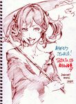  artist_name breasts cleavage dated hair_bobbles hair_ornament large_breasts monochrome onozuka_komachi red_hair savan scythe short_hair sketch smile solo thank_you tongue tongue_out touhou two_side_up 