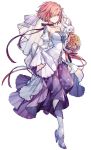  achan_(blue_semi) alternate_costume bare_shoulders bouquet breasts bridal_gauntlets bridal_veil bride closed_mouth dress eyebrows_visible_through_hair eyes_visible_through_hair fate_(series) flower fou_(fate/grand_order) lavender_hair long_sleeves looking_at_viewer mash_kyrielight pink_hair purple_eyes purple_neckwear short_hair sideboob simple_background smile thighhighs veil wedding_dress white_background 