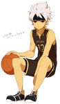  basketball basketball_uniform full_body gassan_kunimitsu gassan_kunimitsu_basketball_uniform headband ibuki_munemasa inazuma_eleven_(series) inazuma_eleven_go inazuma_eleven_go_galaxy looking_at_viewer male_focus sekina simple_background sitting solo sportswear white_background 