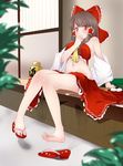  arm_support ascot barefoot blurry bow brown_eyes brown_hair clothes_in_front depth_of_field detached_sleeves eating feet frilled_skirt frills hair_bow hair_tubes hakurei_reimu hand_to_own_mouth highres indoors kozue_akari legs looking_at_viewer midriff navel plant sandals shoes single_shoe sitting skirt skirt_removed solo touhou window 
