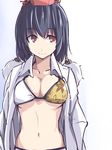  adapted_costume bikini bikini_under_clothes black_hair breasts kamukamu_(ars) leaf-pattern_stripe leaf_print looking_at_viewer looking_to_the_side medium_breasts navel open_clothes open_shirt red_eyes shameimaru_aya shirt short_hair solo swimsuit swimsuit_under_clothes touhou 