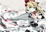  apron bad_id bad_pixiv_id blonde_hair blood blue_eyes bow bowtie expressionless grey_background hair_bow highres lance long_hair long_sleeves looking_at_viewer polearm red_(girllove) shanghai_doll sketch smoke solo touhou upper_body waist_apron weapon 