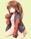  bikini brown_hair jacket letterman_jacket little_busters! long_hair natsume_rin no_pants open_clothes open_jacket ponytail red_eyes satou_aoi sleeves_past_wrists swimsuit 