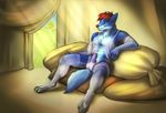  anthro blue_fur canine crossdressing erection fur girly hair lounging male mammal nipples penis pubes red_hair satin so_ferny solo wolf wolfius 