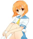  brown_eyes hakua_(elmab) higurashi_no_naku_koro_ni kneehighs orange_hair ryuuguu_rena school_uniform serafuku sitting smile white_legwear 