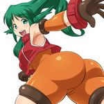  :d armlet armpits ass bodysuit brown_gloves cowboy_shot from_behind gloves green_eyes green_hair long_hair looking_at_viewer looking_back open_mouth orange_bodysuit r44 red_shirt shirt sleeveless sleeveless_shirt smile solo solty_rei solty_revant twintails white_background 