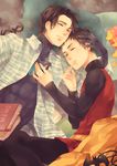  2boys bat_(symbol) batman_(series) belt black_hair book brother brothers chips damian_wayne dc_comics dick_grayson family food gloves male male_focus mask mask_removed multiple_boys nightwing pillow plaid robin_(dc) scarlet siblings sleeping smile 