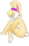  bandy blue_eyes breasts female invalid_tag lagomorph lola_bunny looking_at_viewer mammal pinup pose rabbit side_boob sitting solo space_jam warner_brothers 