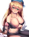  1girl atago_(kantai_collection) black_bra black_panties blonde_hair bra breasts crotch_seam cum ejaculation gloves green_eyes handjob hat hetero highres kantai_collection lace lace-trimmed_bra lace-trimmed_panties large_breasts looking_at_viewer nipples panties panties_under_pantyhose pantyhose penis smile solo_focus umakatsuhai underwear underwear_only 