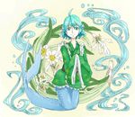 ahoge blue_hair colored_eyelashes daffodil dress flower green_dress green_eyes head_fins japanese_clothes kimono long_sleeves looking_at_viewer mermaid monster_girl obi sash short_hair smile solo touhou wakasagihime wide_sleeves zaregoto_cocoa 
