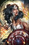  1girl amazon armor blood blue_eyes braid cape dc_comics fighting_stance fire lasso open_mouth pteruges shield solo sword weapon wonder_woman wonder_woman_(series) 