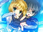  1boy 1girl :o black_hair blonde_hair blue_eyes coat glasses gloves green_eyes hair_ornament hands_together kai open_mouth ribbon shimesaba_kohada walpurgis 