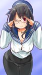  ;) adjusting_eyewear alternate_costume bespectacled black_hair black_legwear breasts cleavage crotch_seam glasses hat kantai_collection large_breasts no_bra no_pants one_eye_closed panties panties_under_pantyhose pantyhose red_eyes retsumaru school_uniform serafuku short_hair smile solo takao_(kantai_collection) underwear 