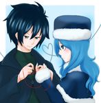  1boy 1girl akane_(tpaknwt) black_hair blue_hair coat couple fairy_tail gray_fullbuster hat juvia_loxar long_hair short_hair string 