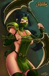  akali apron breasts fingerless_gloves gloves green_eyes kama_(weapon) kyoffie12 large_breasts league_of_legends mask naked_apron ninja ponytail sickle sideboob solo thighhighs 