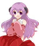  :o detached_sleeves hakama hakua_(elmab) hanyuu higurashi_no_naku_koro_ni horns japanese_clothes miko open_mouth purple_eyes purple_hair red_hakama 