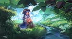  blue_hair food forest fruit grass hat highres hinanawi_tenshi leg_hug long_hair myero nature peach puffy_short_sleeves puffy_sleeves red_eyes river scenery shirt short_sleeves sitting skirt smile solo touhou tree 