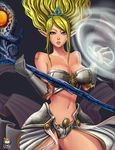  blonde_hair breasts cleavage elbow_gloves gloves janna_windforce kyoffie12 large_breasts league_of_legends lips solo staff 