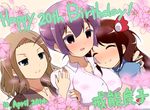  3girls :d april blue_eyes blush brown_hair collarbone dated earrings flower full-face_blush happy_birthday hibiscus holding_arm hug jewelry kainou_yoshiko mizuhara_hayari multiple_girls necklace nonohachi open_mouth pendant purple_eyes purple_hair red_hair saki satou_yuuko short_hair smile upper_body yuri 